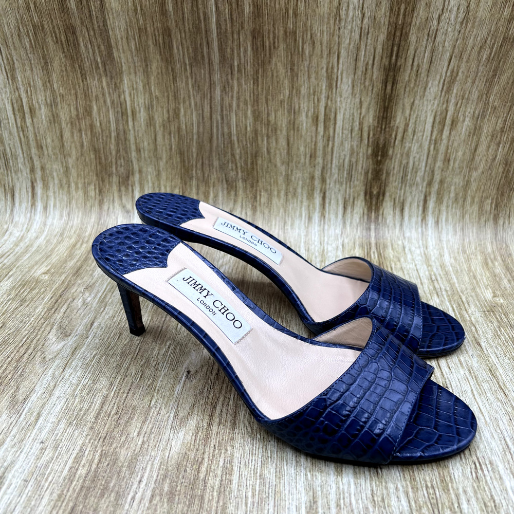Jimmy Choo Blue Croc Embossed Open Toe Heels Shoes Women's Size 9.5 EU 39.5
